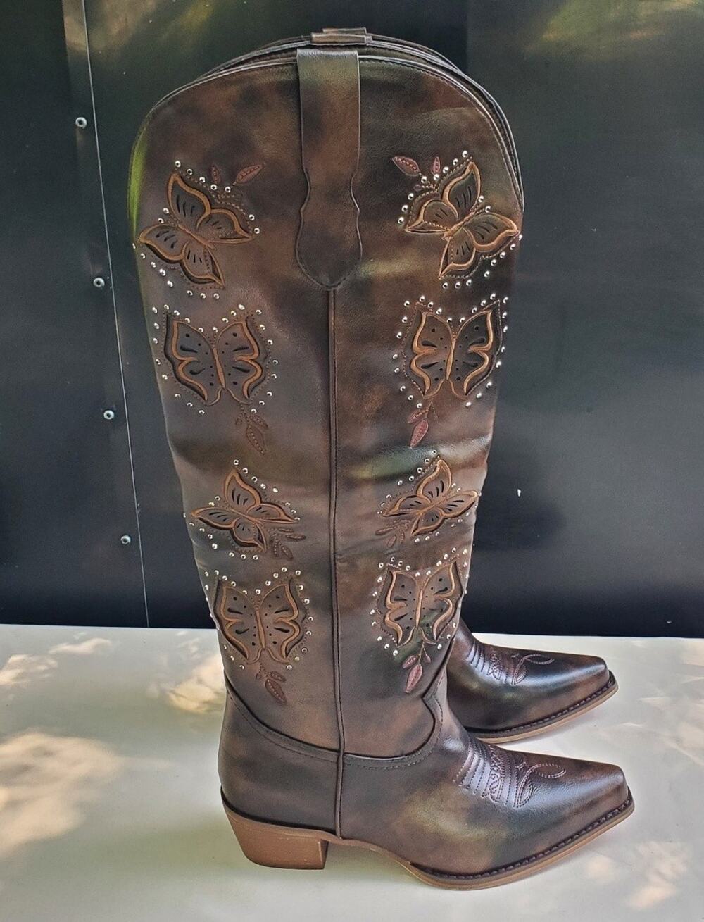 EASYFOX Womens Cowboy Boots Knee High 8.5 Dark Brown Butterfly Embroidered